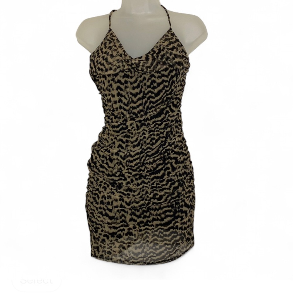 Vntg Y2k Women’s M Black Brown Animal Print Halter Mesh Body Con Mini Dress